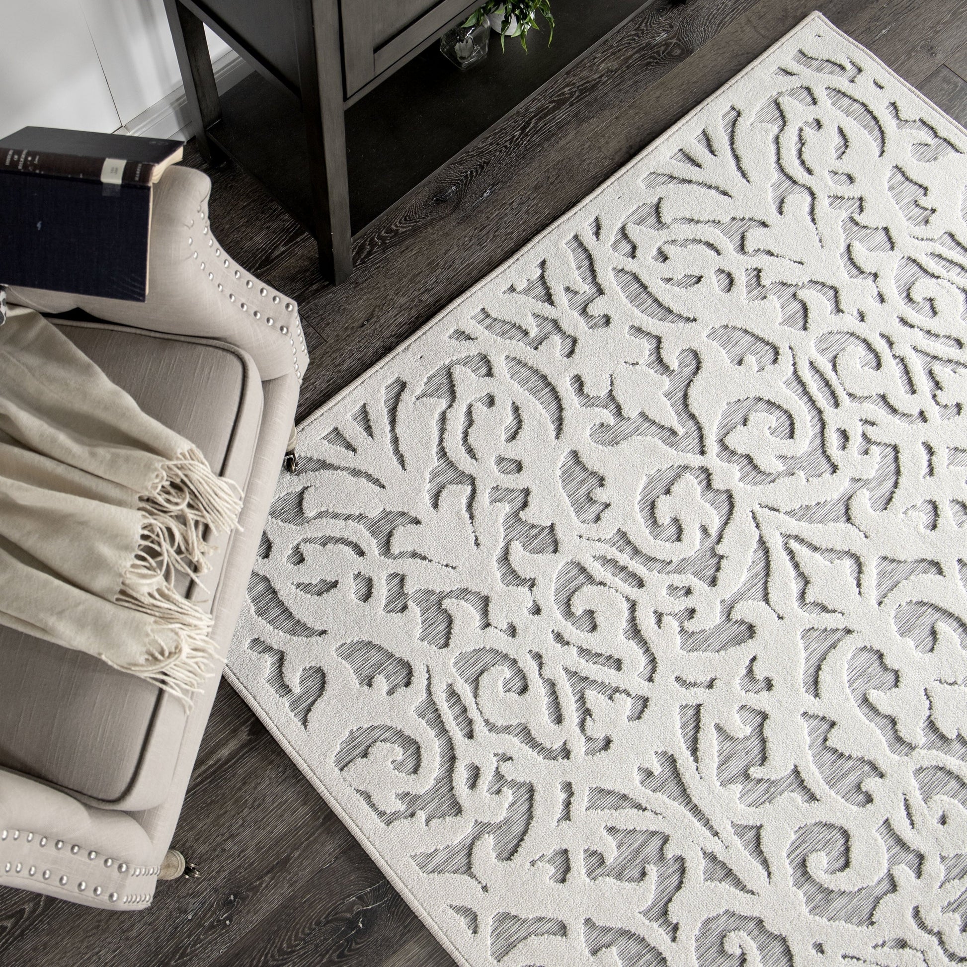 My Texas House Lady Bird, Modern Farmhouse, Damask, Indoor Outdoor Area Rug, Natural Gray, 5'3" x 7'6"