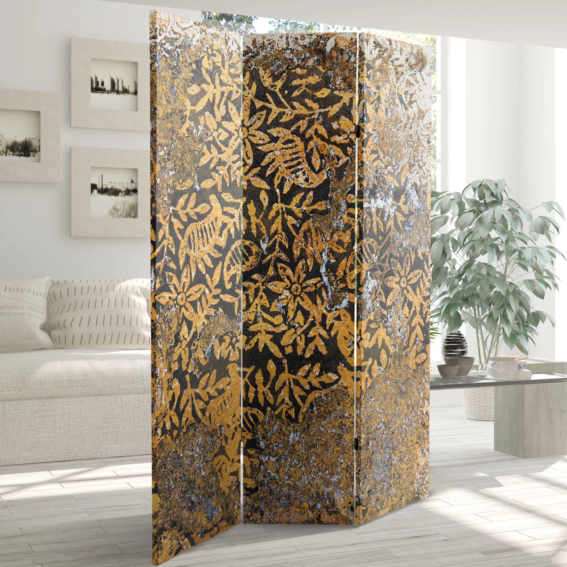 Oriental Furniture 6 ft. Tall Flowering Gold Canvas Room Divider - 3 Panel