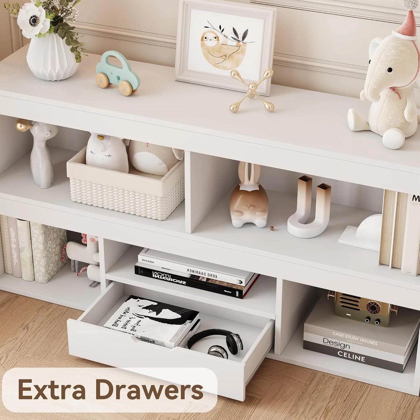 IdealHouse 5-Cube Kids Storage Organizer with Drawer, Wooden Toy Storage Cabinet for Playroom, Nursery, Classroom - White Wood Finish