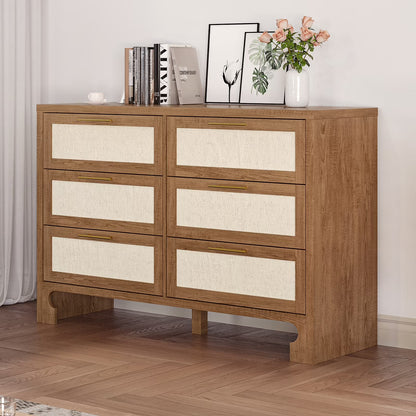 Homhougo White Dresser for Bedroom 6 Drawer, Wood Organizer Storage Cabinet with Gray Strip Drawer Door, Chest of Drawers for Closet, Living Room, Hallway, Nursery, Kids Bedroom