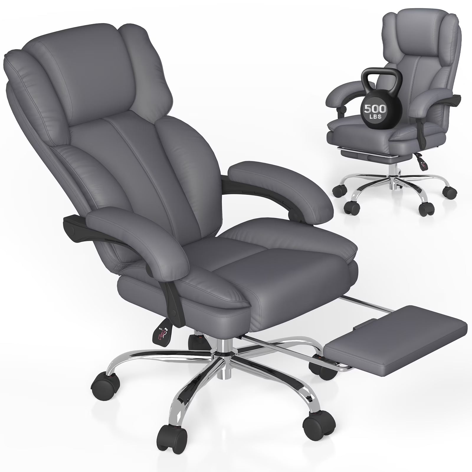 E-Motie Leather Home Office Chair, High Back Ergonomic Chair with Footrest, 500lb, Black