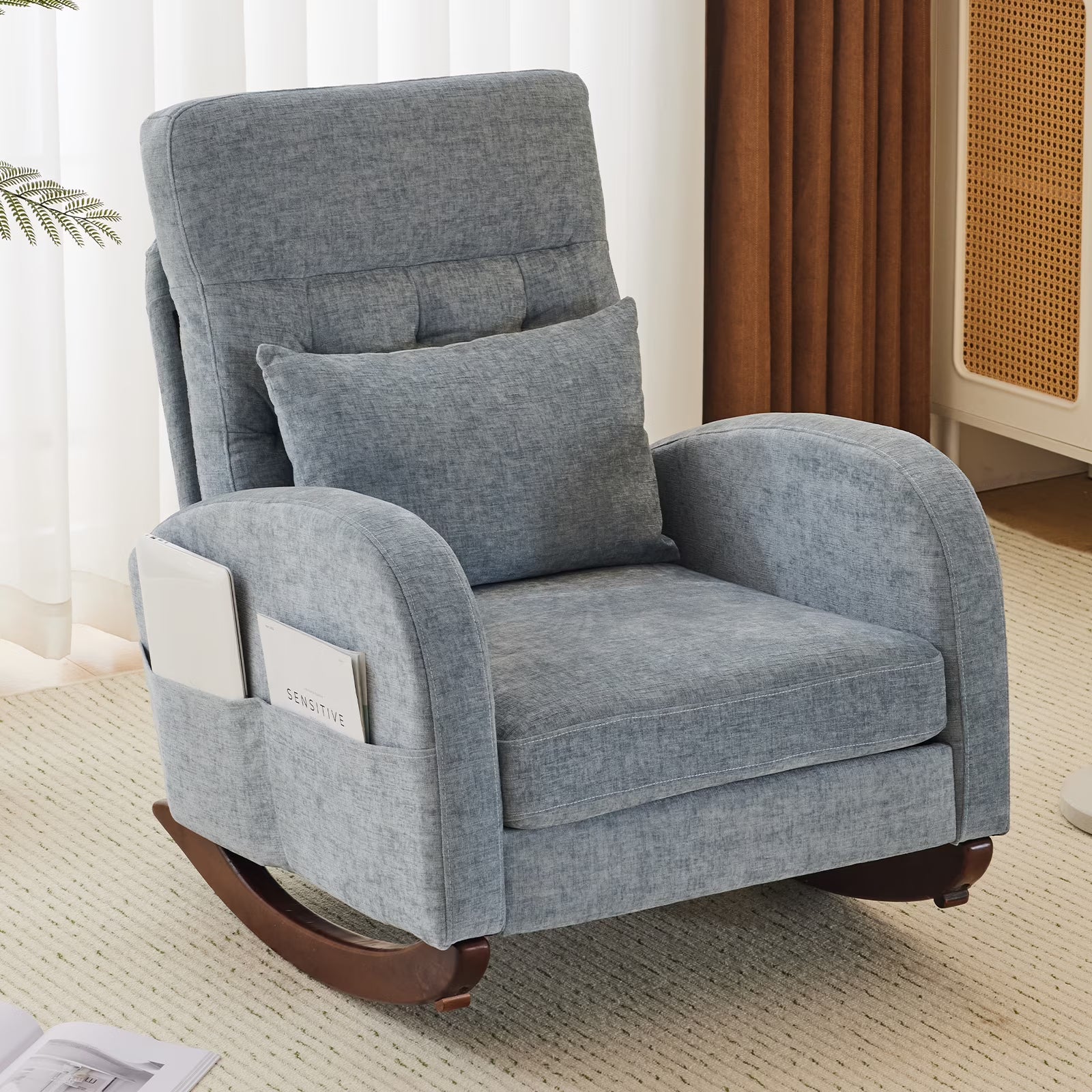 Ktaxon Rocking Accent Chair Glider Reading Chair Comfy Teddy Velvet Upholstered Single Sofa Rocker for Living Room, Nursery, Bedroom Beige