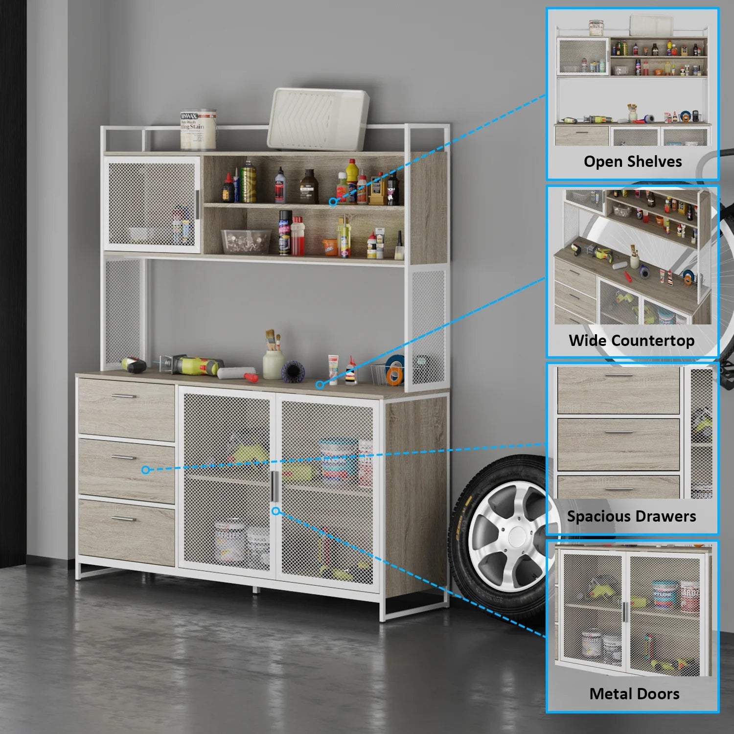 WIAWG Garage Cabinet with 3 Drawers and Metal Mesh Door, Industrial Mutifunctional Tool Storage Cabinet for Warehouse, Basement, Home Office (Walnut)