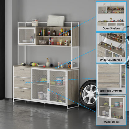 WIAWG Garage Cabinet with 3 Drawers and Metal Mesh Door, Industrial Mutifunctional Tool Storage Cabinet for Warehouse, Basement, Home Office (Walnut)