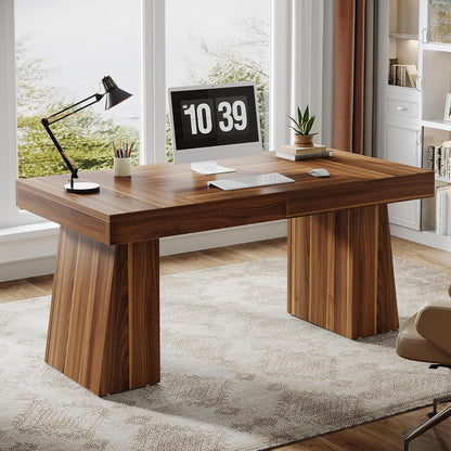 Tribesigns 55 Inches Executive Desk, Mid-Century Modern Home Office Desk with Double Trapezoid Base