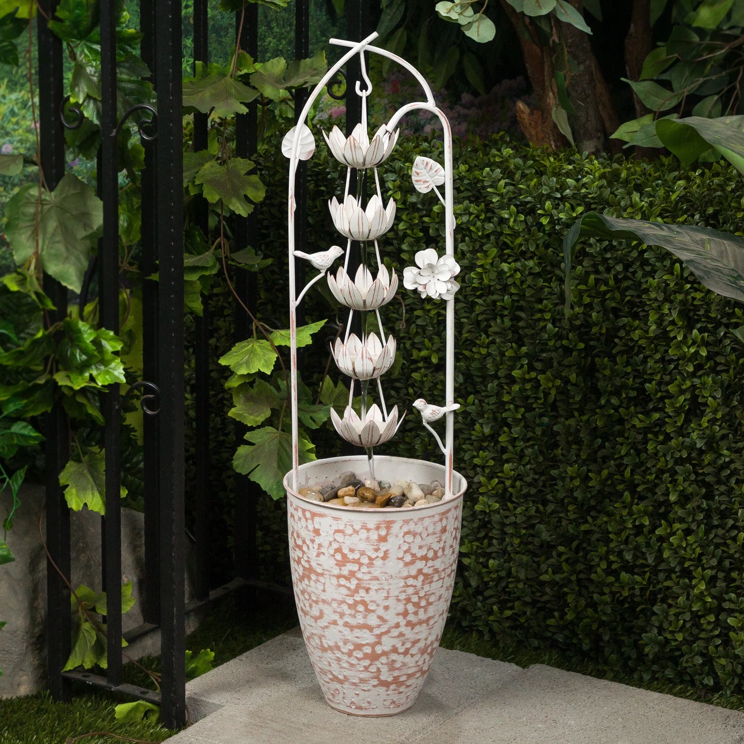 Alpine Corporation Metal White Rustic Outdoor Electric Fountain with Flower