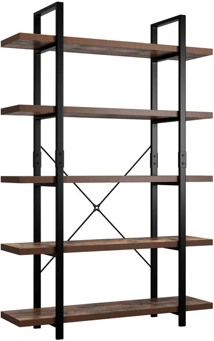 Homfa Industrial 5 Tier Storage Bookshelf , Wood Bookcase Shelf Unit with Metal Frame for Home Office Living Room, Rustic Brown