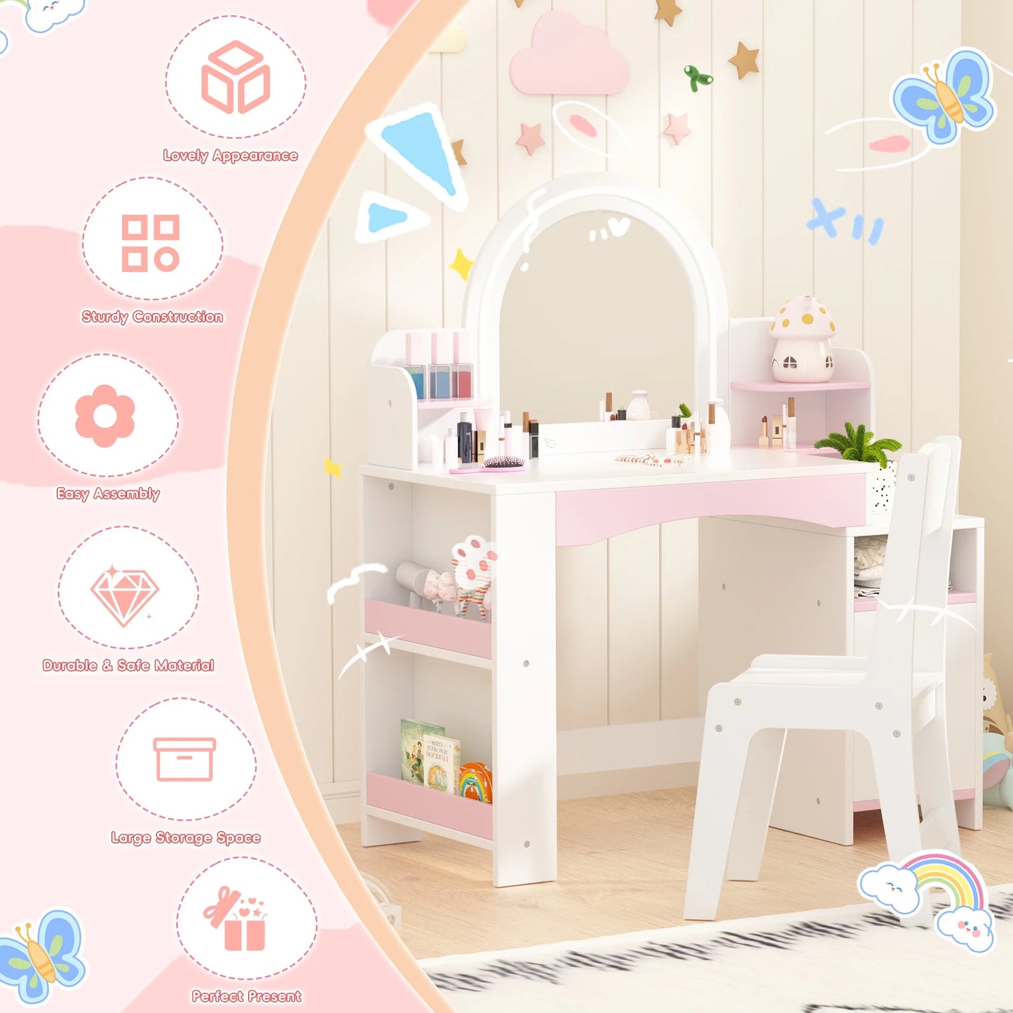 Kids 2-in-1 Princess Vanity Table Set with Jewelry Storage and Open Shelves, White