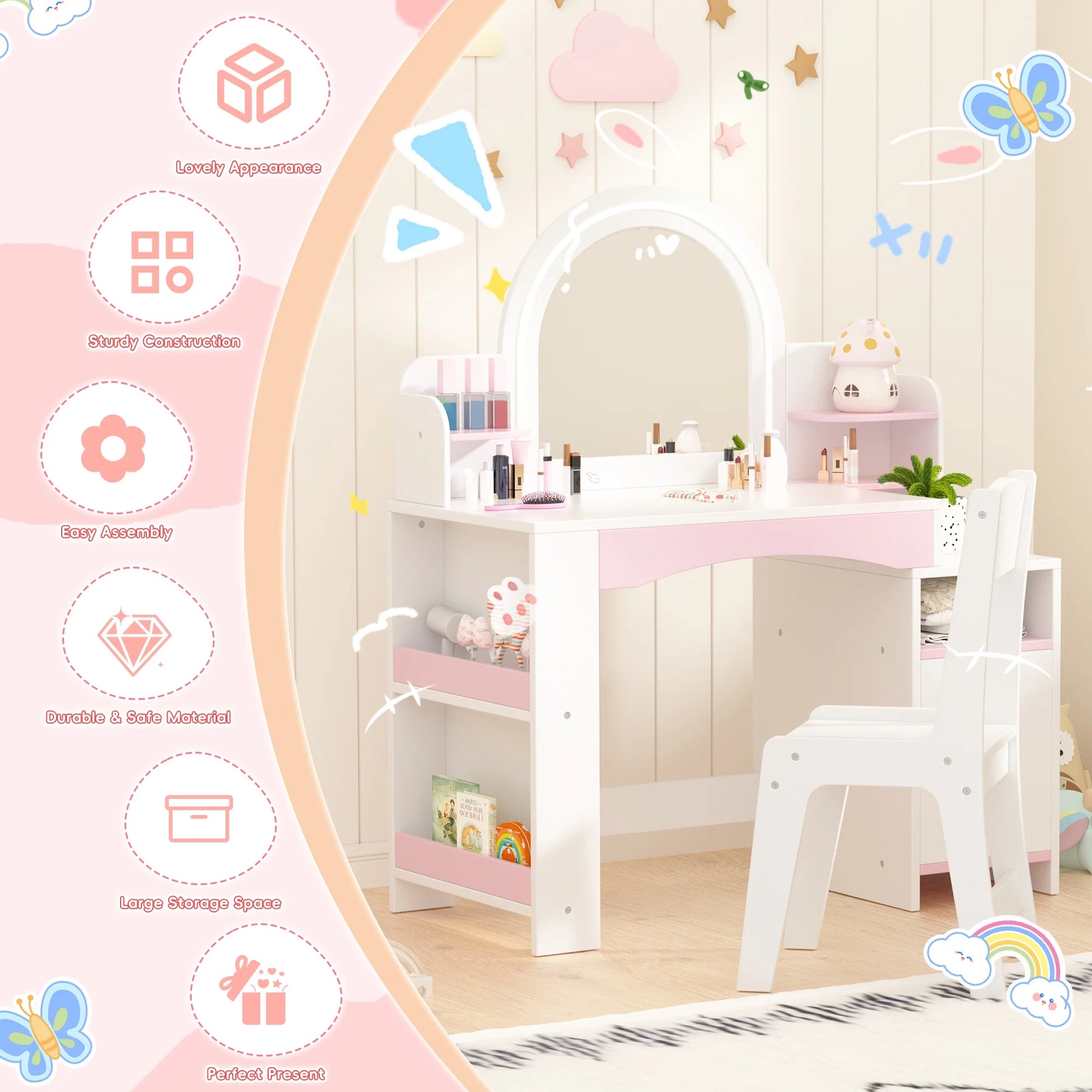 Kids 2-in-1 Princess Vanity Table Set with Jewelry Storage and Open Shelves, White