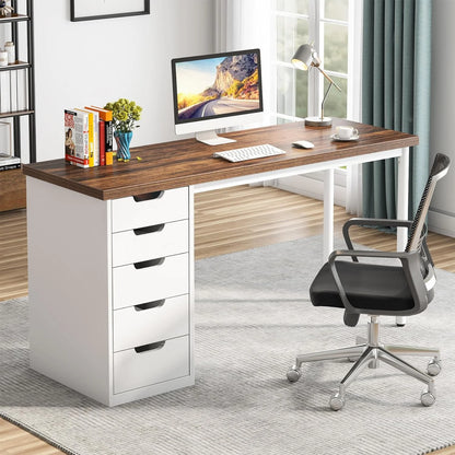 Finmind Computer Desk with 5 Drawers, 47 inches Rustic Brown Home Office Desk with Storage, Modern Study Writing Table Workstation for Small Spaces, Brown & White