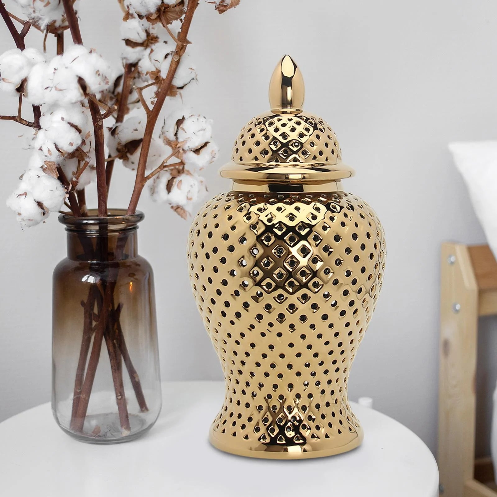 Vintage Style Ceramic Ginger Jar Dried Flower Vase Porcelain Storage Jar with