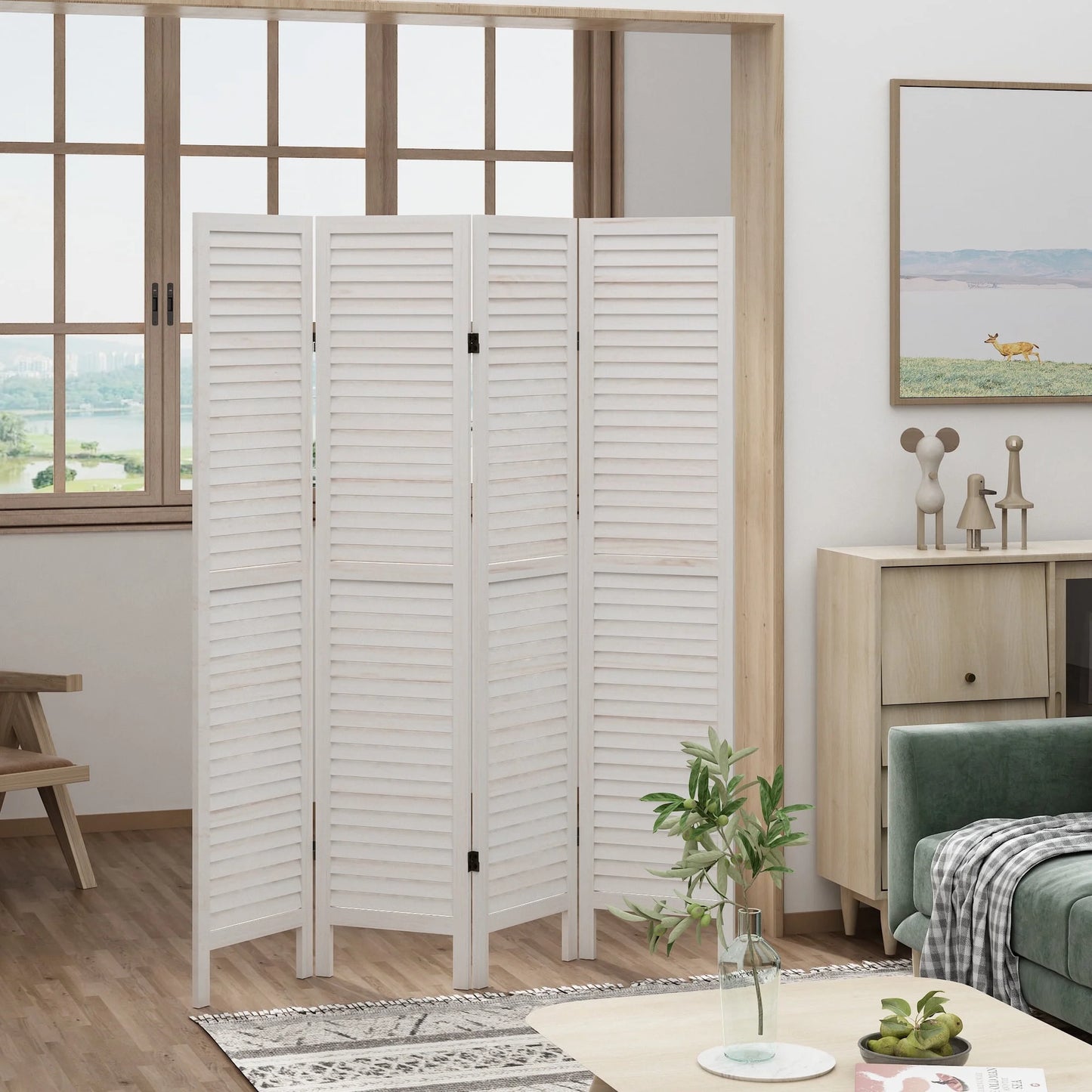 Jaxpety 4 Panel Room Divider Folding Privacy Screen Louvered Partial Partition, Aged White
