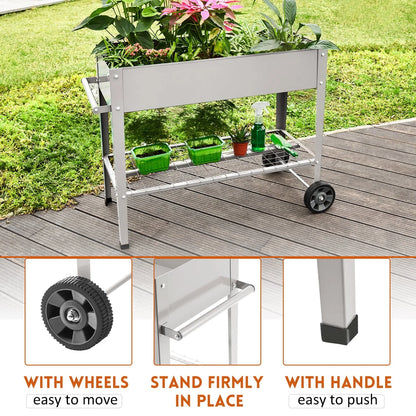 Pushable Grey Metal Raised Garden Bed, Outdoor/Indoor Garden Pots with Handles, Wheels and Shelves, Apartment Patio Stand for Vegetables Flowers Fruits from EXCITED WORK-37.5 inches Long