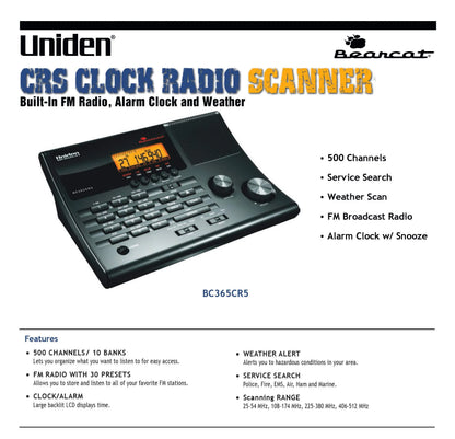 Uniden BC365CRS 500-Channel Scanner with Alarm Clock, Backlit LCD, and Weather Alert