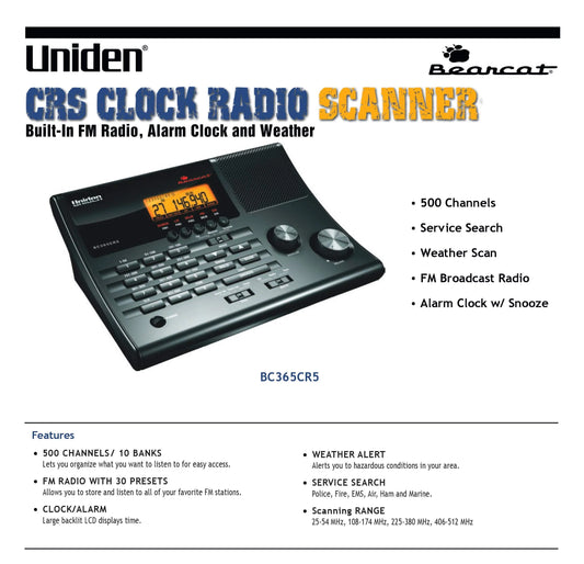 Uniden BC365CRS 500-Channel Scanner with Alarm Clock, Backlit LCD, and Weather Alert