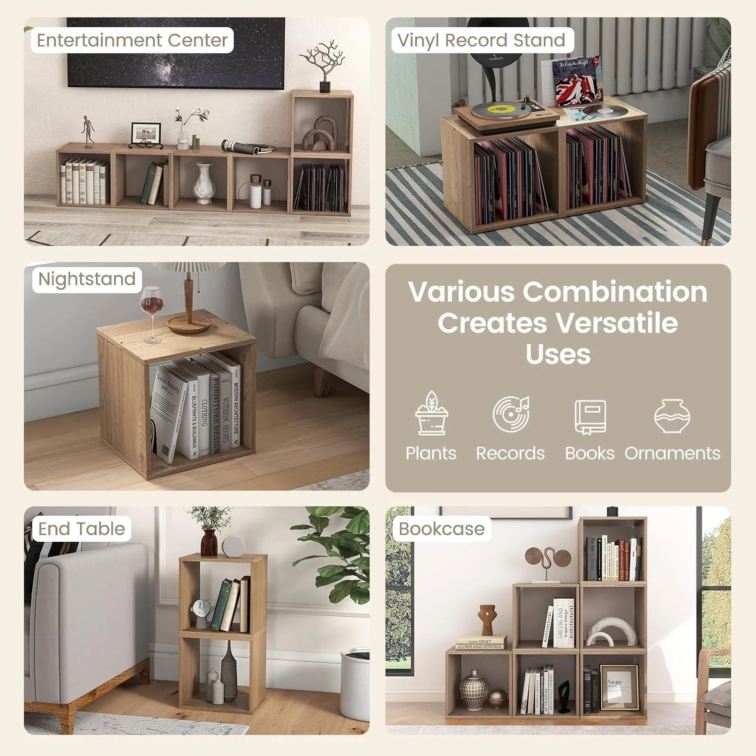 4 Stackable Bookshelf Cubes, Cubical Storage Organizer with 4 Removable Open Shelves, Small Book Shelves for Small Spaces, Cube Book Shelf for Bedroom, Living Room, Home Office (Natural)