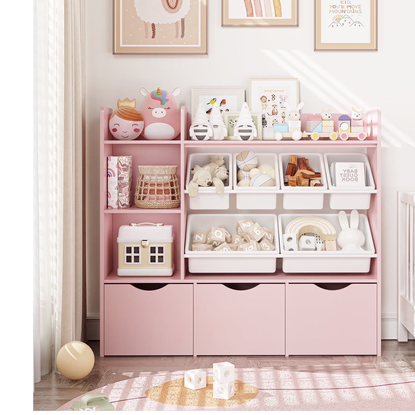 Homfa Kids Bookcase with 6 Storage Bins, Multi-Purpose Toy Organizers Bookshelf with 3 Drawers for Bedroom Nursery Playroom, White