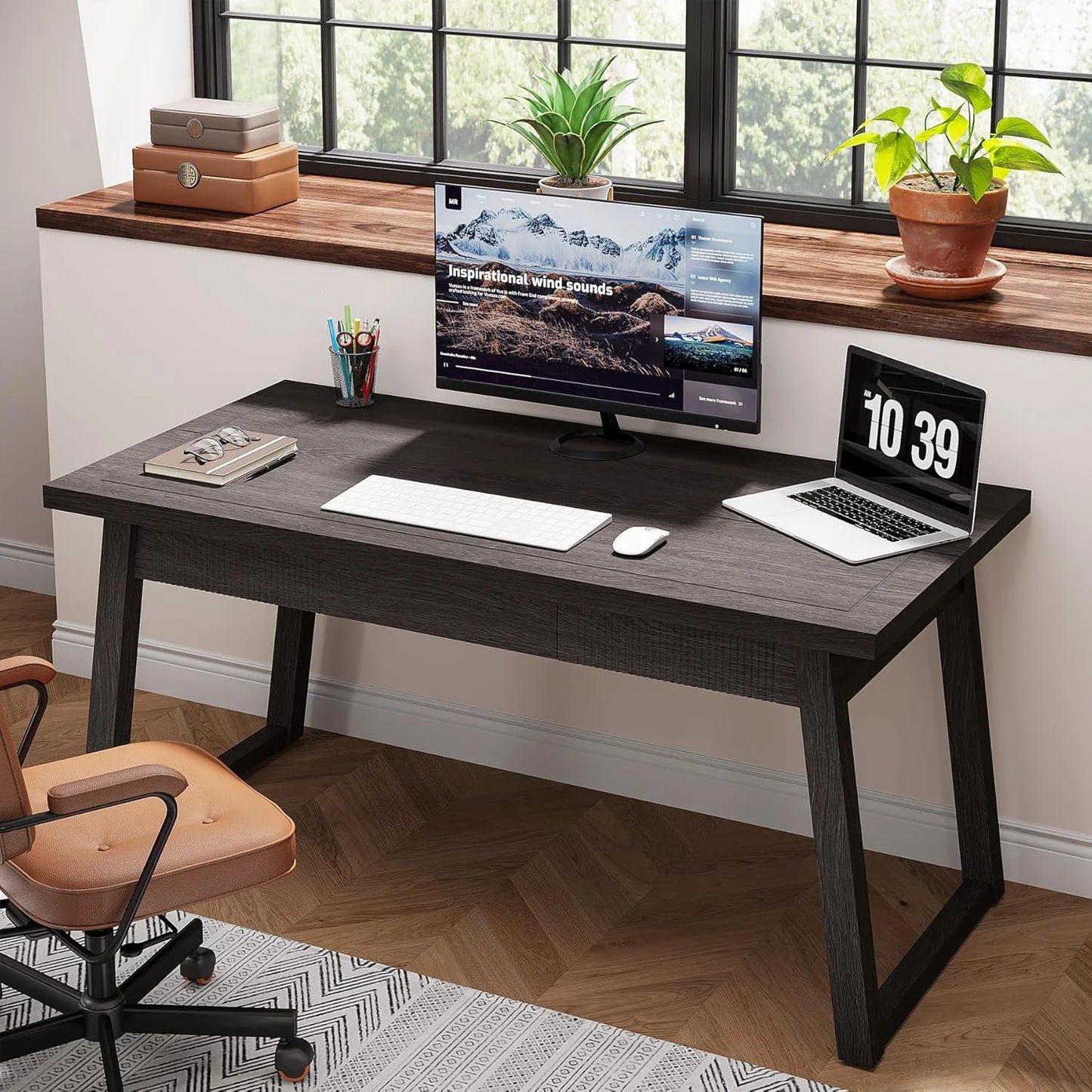 Executive Desk, 55 Inches Solid Wood Computer Desk with Drawer for Home Office