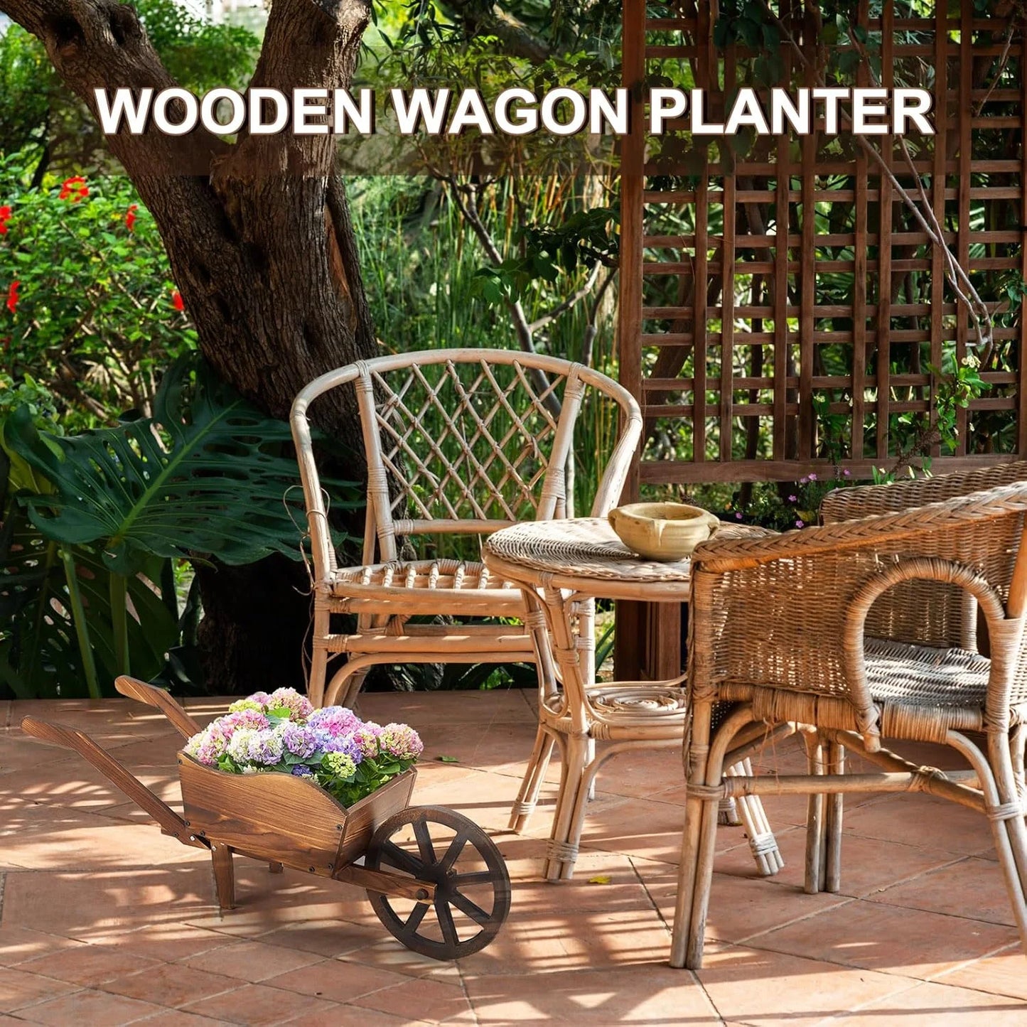 Wooden Wagon Planter Box, Garden Planter with Wagon Wheels, Flower Cart for Patio Garden Balcony, Decorative Patio Flowers Herbs Vegetables for Indoor Outdoor Decor, Brown(Rustic)