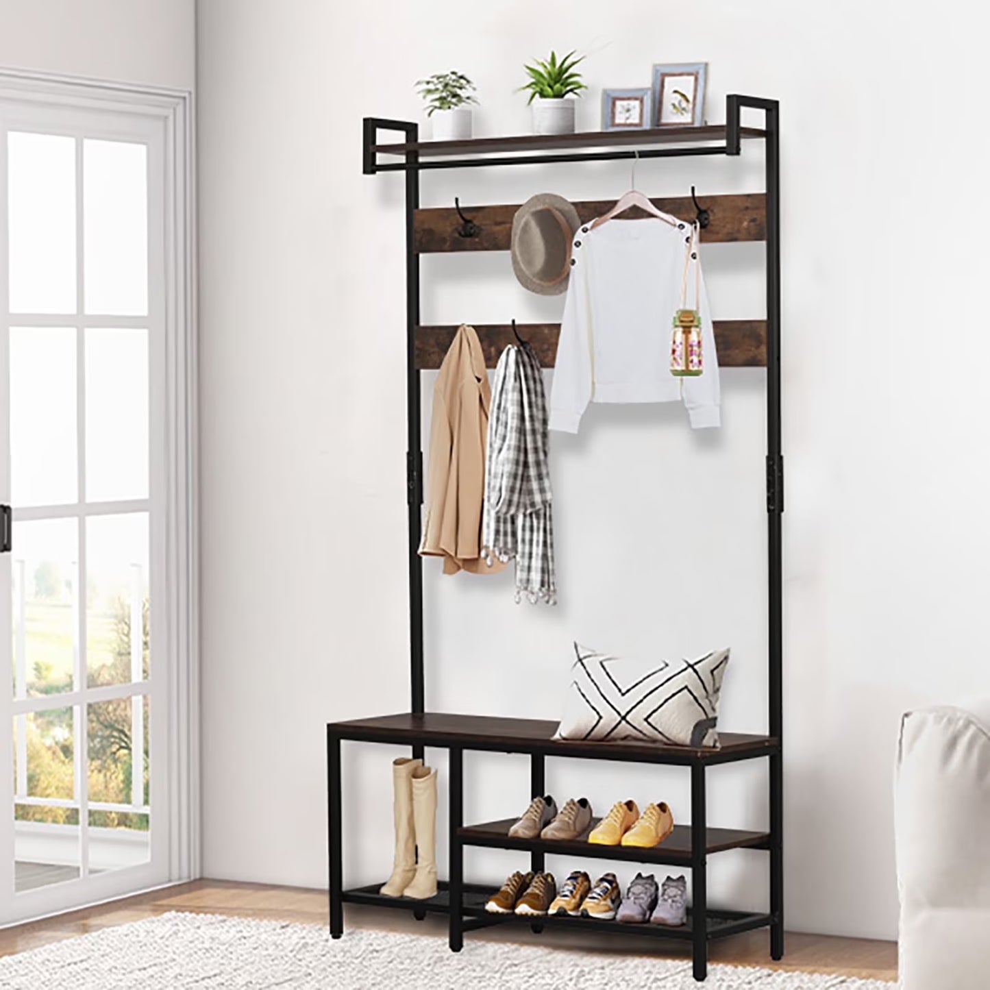 XXLYY Corner Coat Rack with Shoe Storage, Multifunctional Entryway Corner Shoe Rack with 14 Metal Hooks, Freestanding Corner Hall Tree Shelf Organizer for Home Office Bedroom