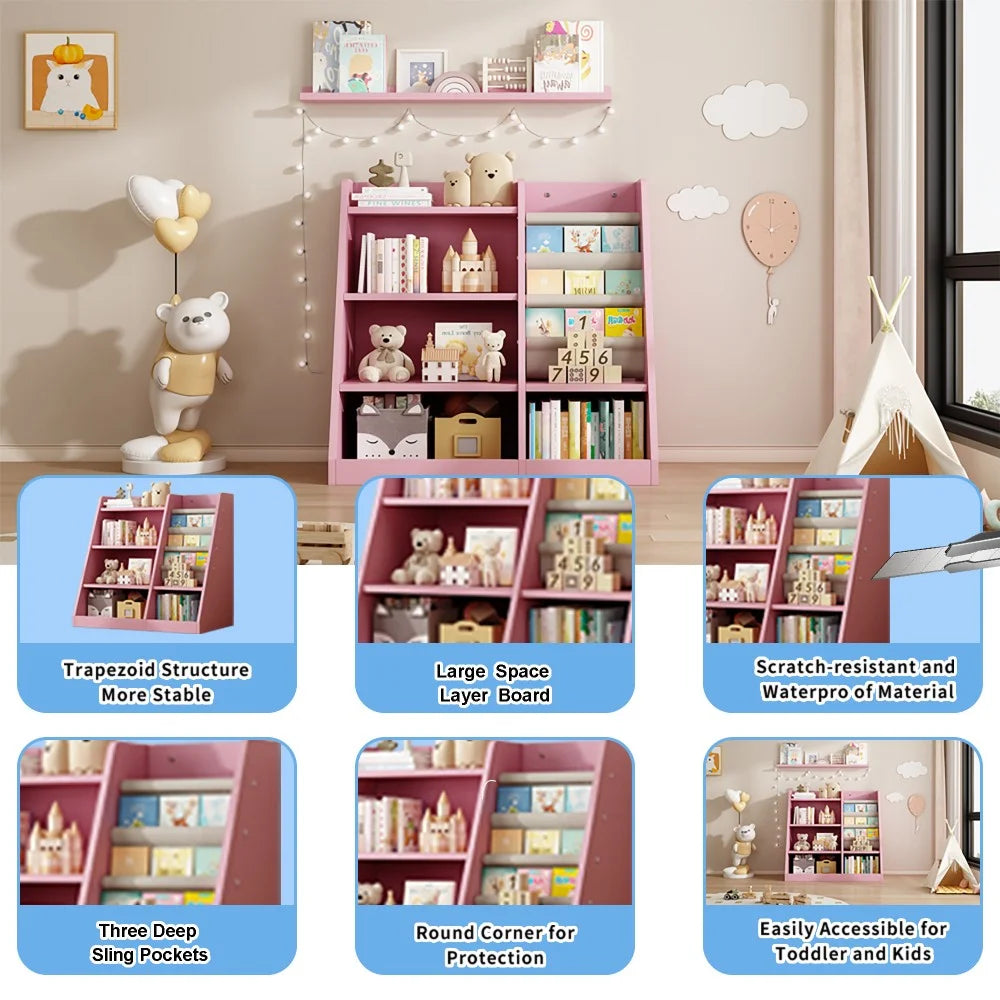 IVV Montessori Kid Bookshelf, Modern Wood Bookcase 4 Tier Children Book Rack Display Toy Storage Organizer Sling Book Rack for Classroom Bedroom Nursery Playroom (Pink)