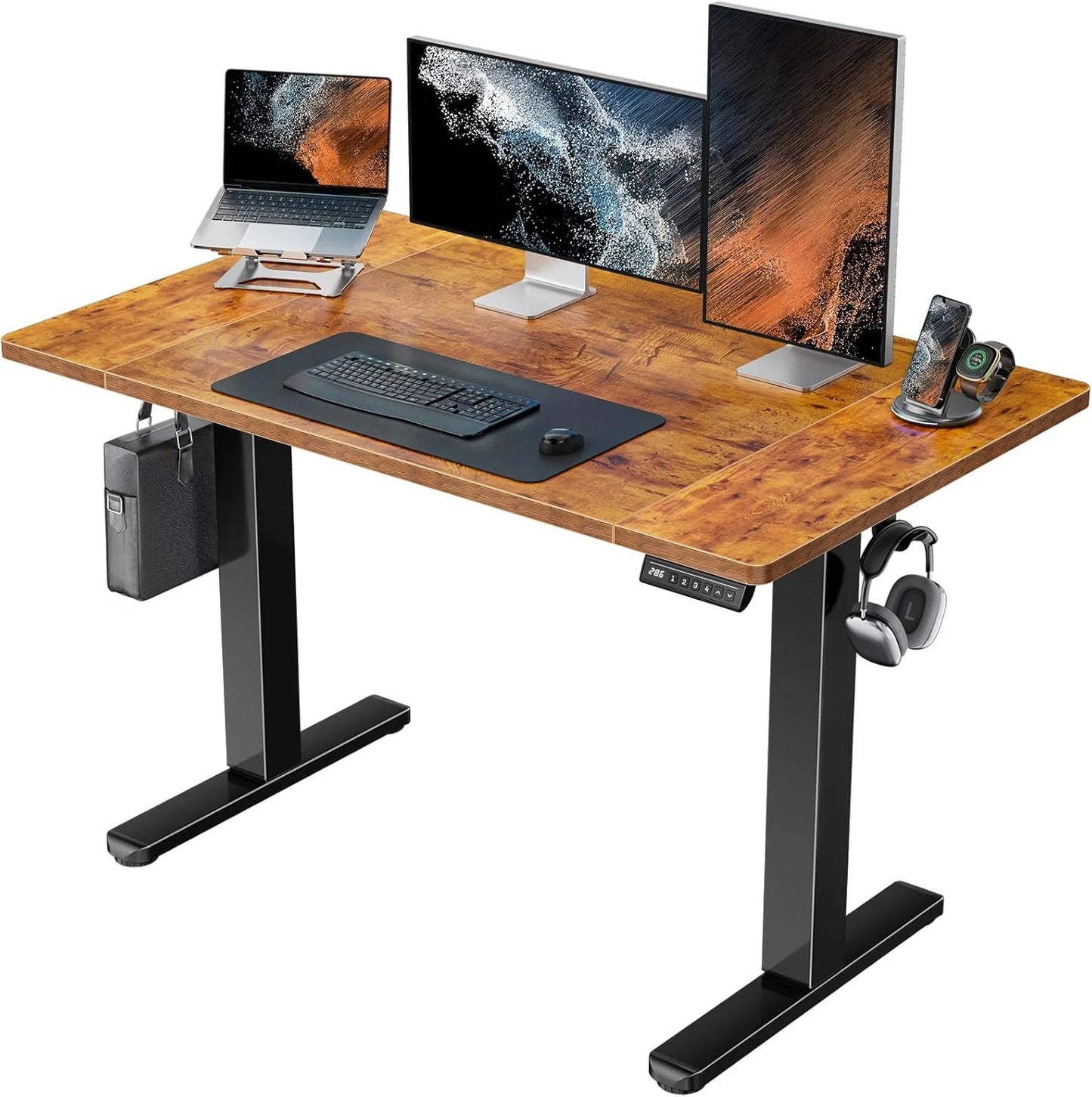 UANUO 48 x 24 inch Electric Standing Desk, Height Adjustable Table with Headphone Hooks & Cable Manager, Sit to Stand up Desk for Home Office, Vintage Brown