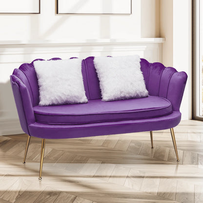 MoNiBloom Contemporary Velvet Loveseat Chair with Gold-Finished Metal Legs, 2-Seater Sofa with Two Pillows for Living Room, Bedroom, Home Office, Purple