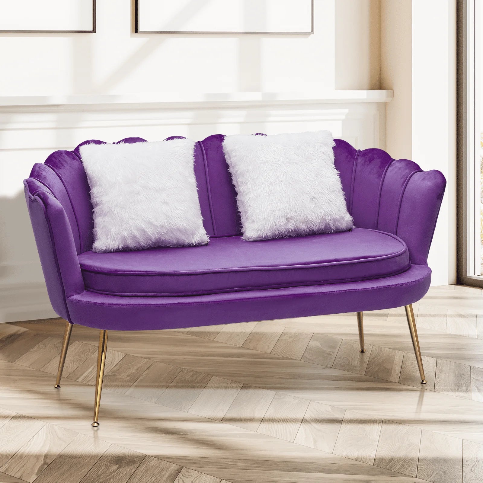 MoNiBloom Contemporary Velvet Loveseat Chair with Gold-Finished Metal Legs, 2-Seater Sofa with Two Pillows for Living Room, Bedroom, Home Office, Purple