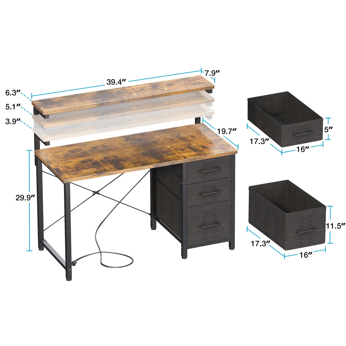 40 inch Computer Desk with Power Outlets & LED Lights, Home Office Desk with 3 Drawers & Adjustable Monitor Shelf,, Writing Desk with Storage Bag, Vintage