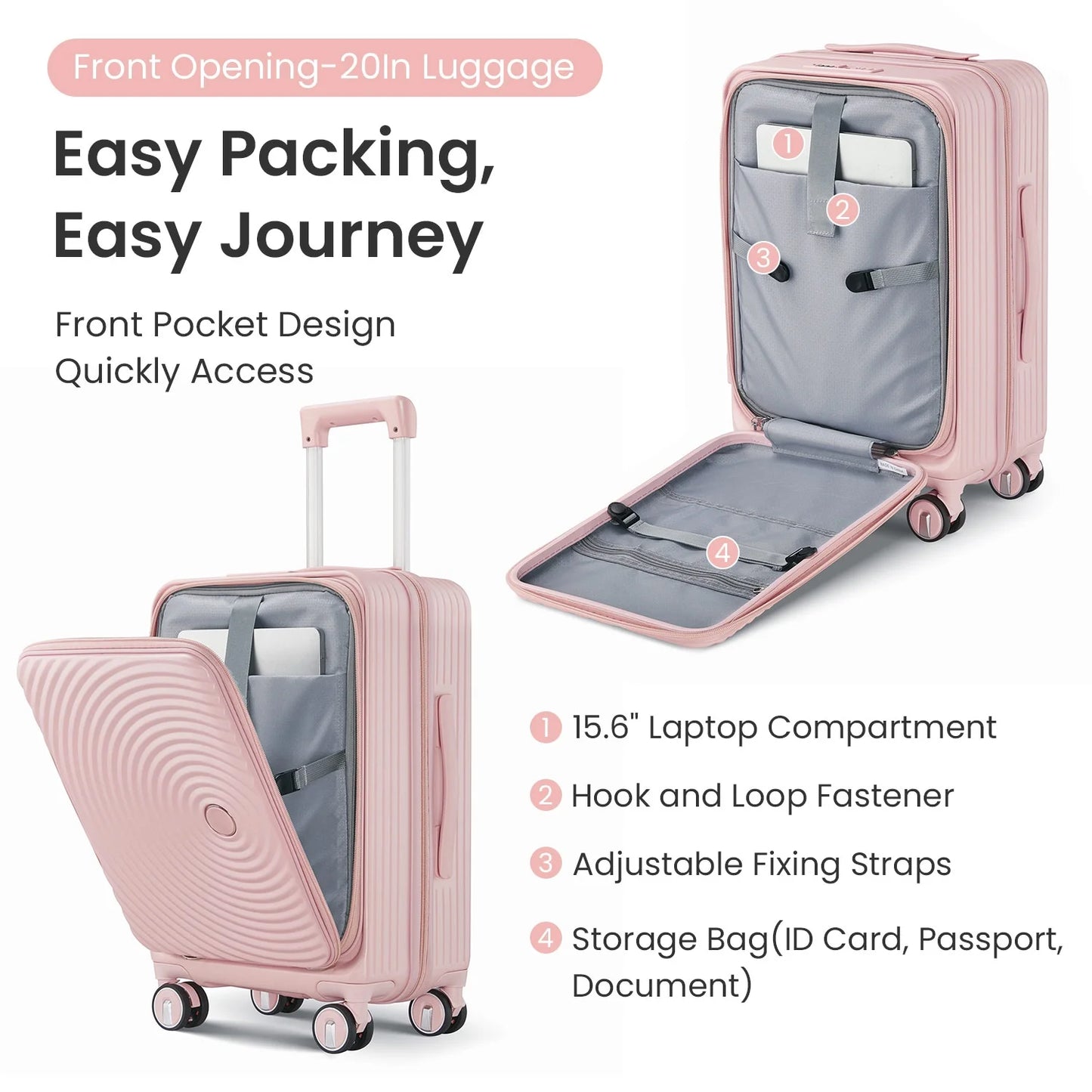 3 Piece Luggage Set Lightweight Suitcase with TSA Lock, PC Hard Shell Travel Luggage with Front Pocket and Spinner Wheels, Pink (20in24in28in)