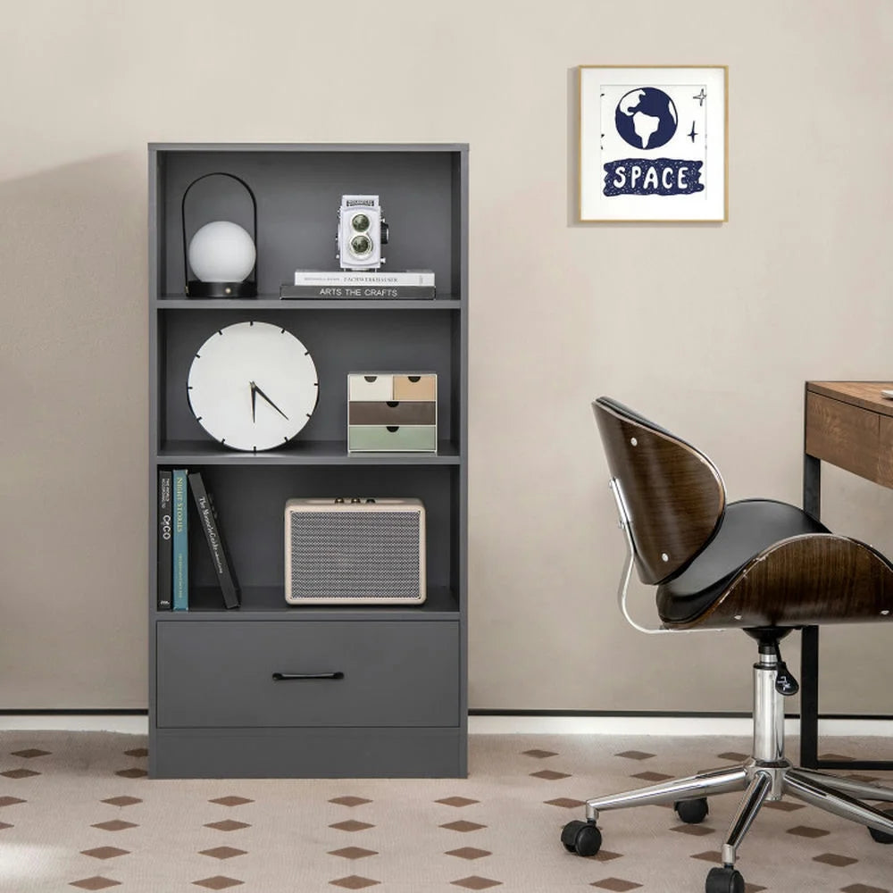 Spaco 48 Inch Tall 4 Tiers Wood Bookcase with Drawer-Gray, Tall Bookshelf, Shelves for Living Room, Home Office, Bedroom, Balcony