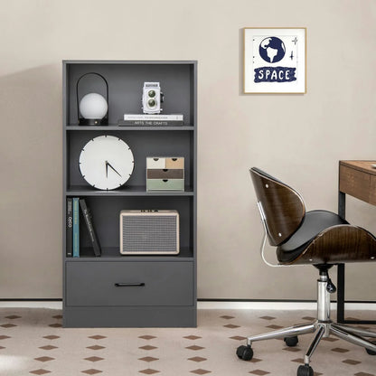 Spaco 48 Inch Tall 4 Tiers Wood Bookcase with Drawer-Gray, Tall Bookshelf, Shelves for Living Room, Home Office, Bedroom, Balcony