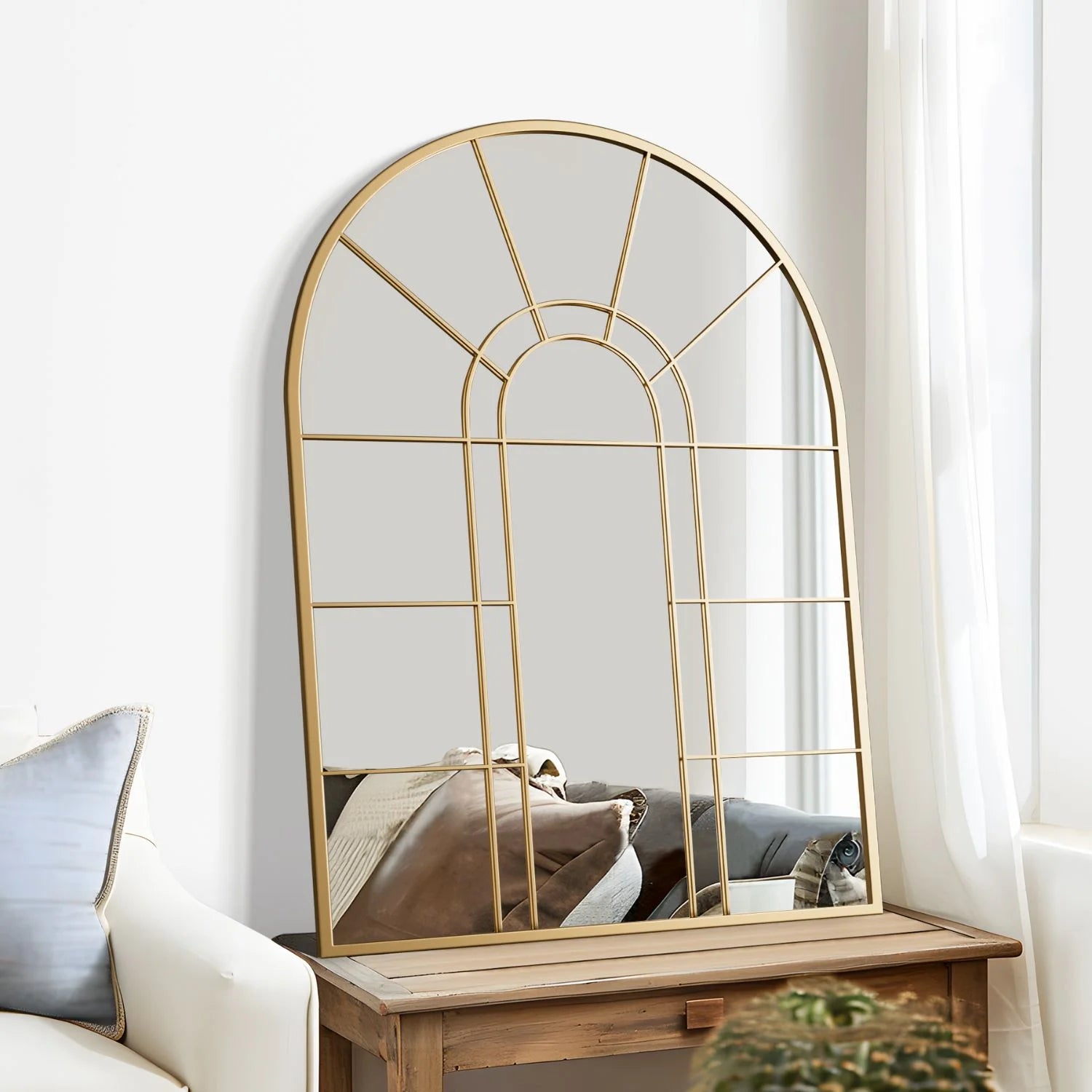 Lirago 42" x 28" Arched Decorative Mirror Metal Window Pane Wall Mirror, Gold