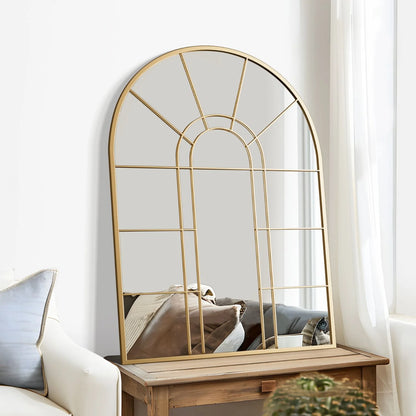 Lirago 42" x 28" Arched Decorative Mirror Metal Window Pane Wall Mirror, Gold