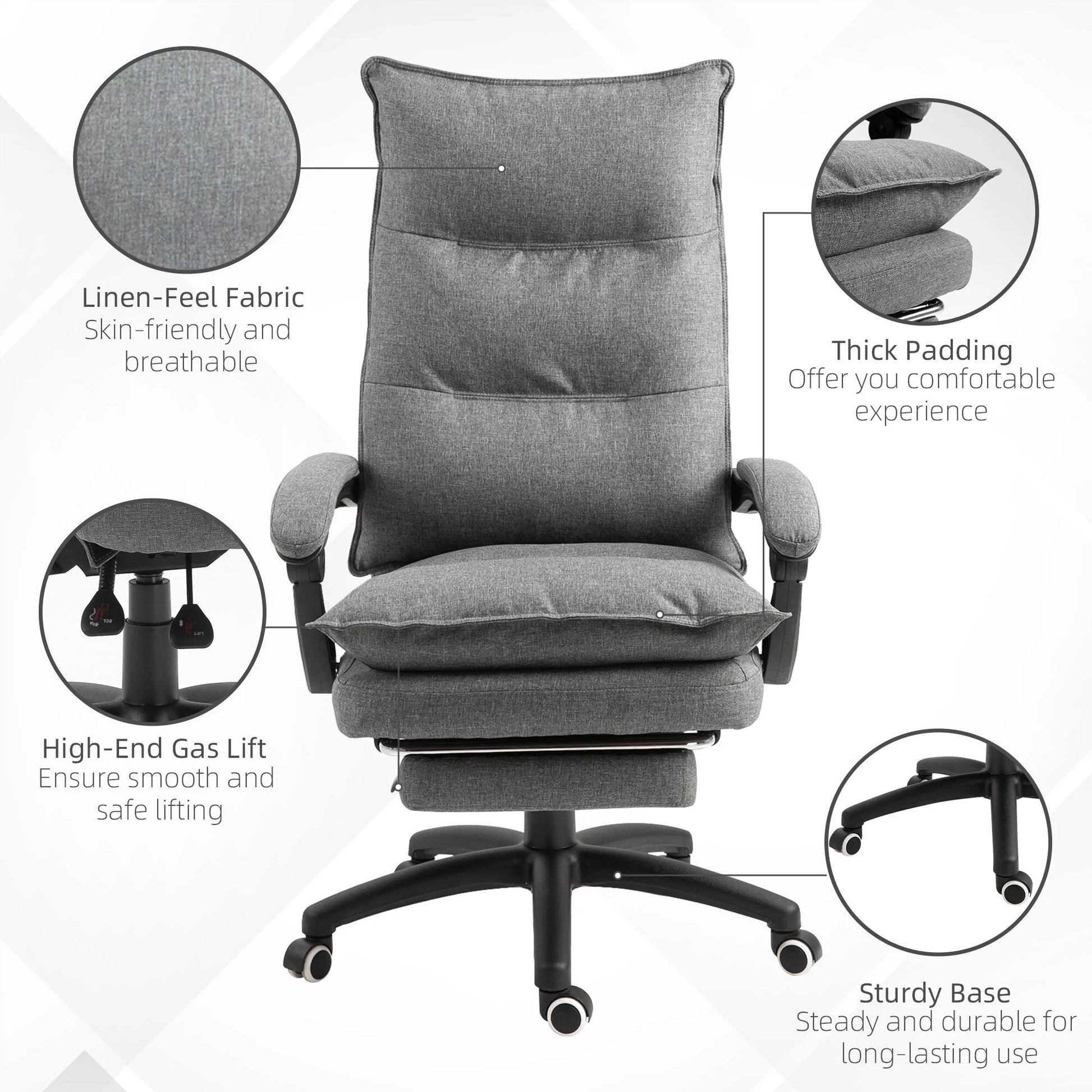 Office Chair Vinsetto 360° Swivel Executive Home Office Chair Adjustable Height Linen Style Fabric Recliner with Retractable Footrest and Double Padding, Grey,Ergonomic Office Chair