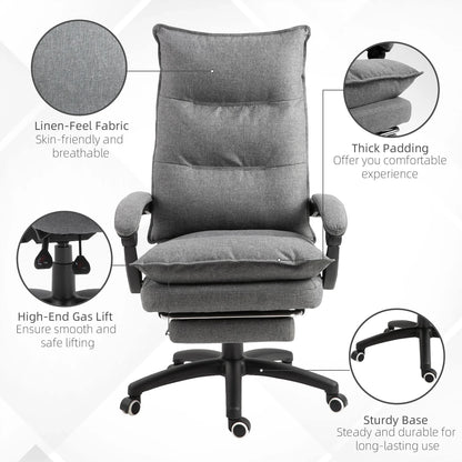 Office Chair Vinsetto 360° Swivel Executive Home Office Chair Adjustable Height Linen Style Fabric Recliner with Retractable Footrest and Double Padding, Grey,Ergonomic Office Chair