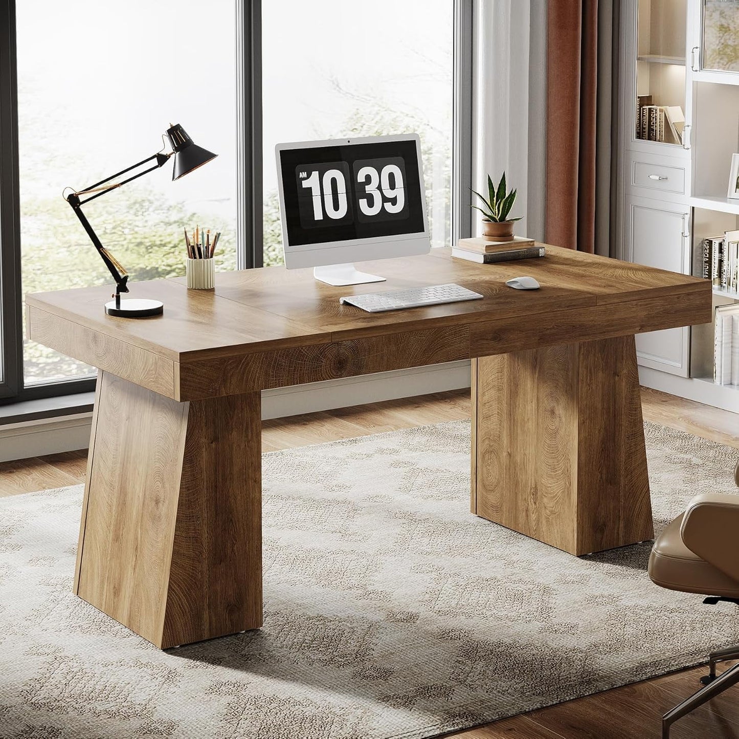 Tribesigns 55 Inches Executive Desk, Mid-Century Modern Home Office Desk with Double Trapezoid Base