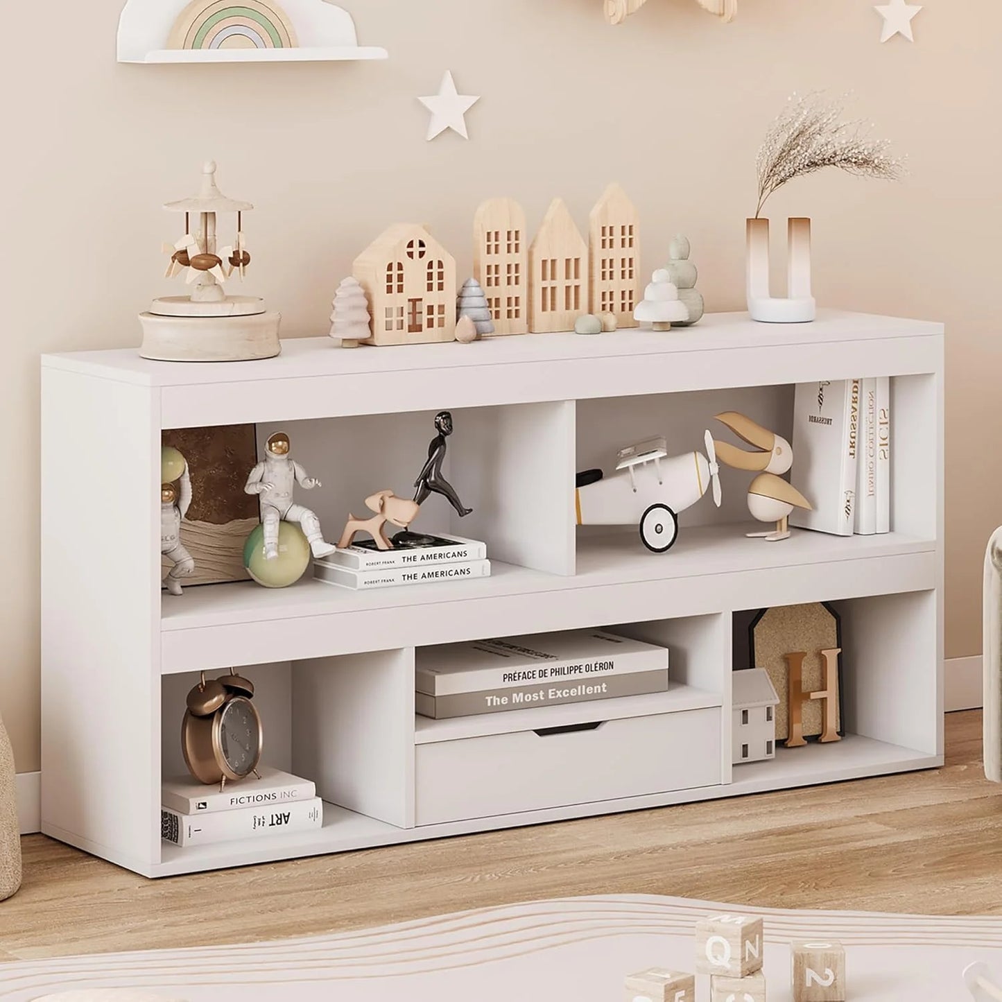IdealHouse 5-Cube Kids Storage Organizer with Drawer, Wooden Toy Storage Cabinet for Playroom, Nursery, Classroom - White Wood Finish