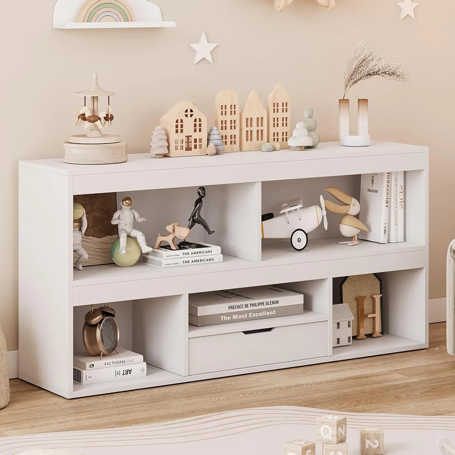 IdealHouse 5-Cube Kids Storage Organizer with Drawer, Wooden Toy Storage Cabinet for Playroom, Nursery, Classroom - White Wood Finish