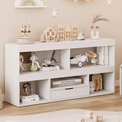 IdealHouse 5-Cube Kids Storage Organizer with Drawer, Wooden Toy Storage Cabinet for Playroom, Nursery, Classroom - White Wood Finish