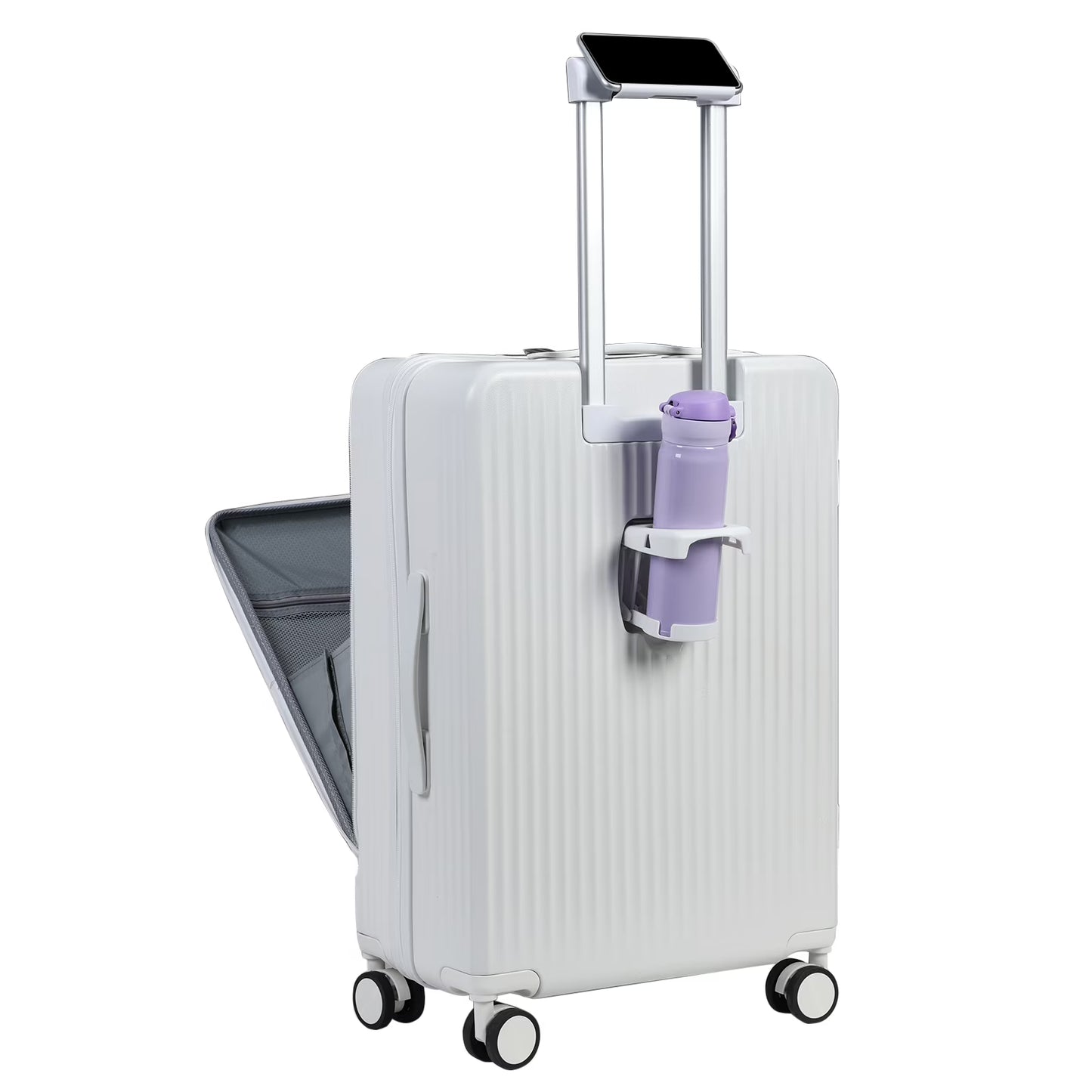 24 Inch Checked Luggage with Front Pocket, USB Charging Port, Built-in lock Carry on Suitcase, Cup Holder and Phone Holder, Medium Hardside Suitcase with Spinner Wheels, White