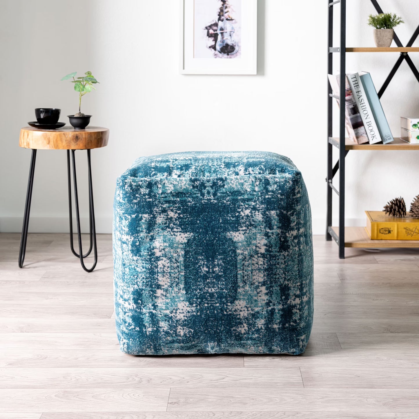 LR Home Medium Solid Indoor Cube Pouf, Blue Chenille, 18" x 18" x 18"