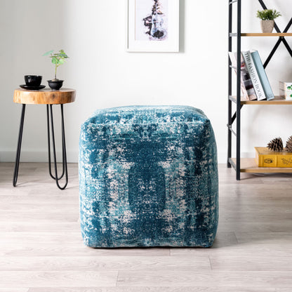 LR Home Medium Solid Indoor Cube Pouf, Blue Chenille, 18" x 18" x 18"