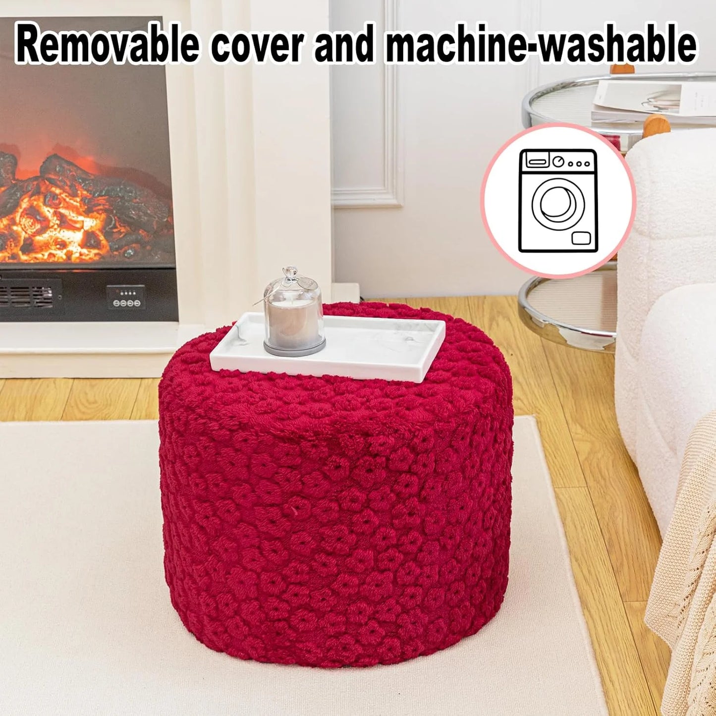 Ottoman Foot Rest Stuffed Round Boho Floor Poof Seating Armchair Ottoman Foot Stool Floor Cushion Bean Bag Pouf 18x18x14 Inch Burgundy
