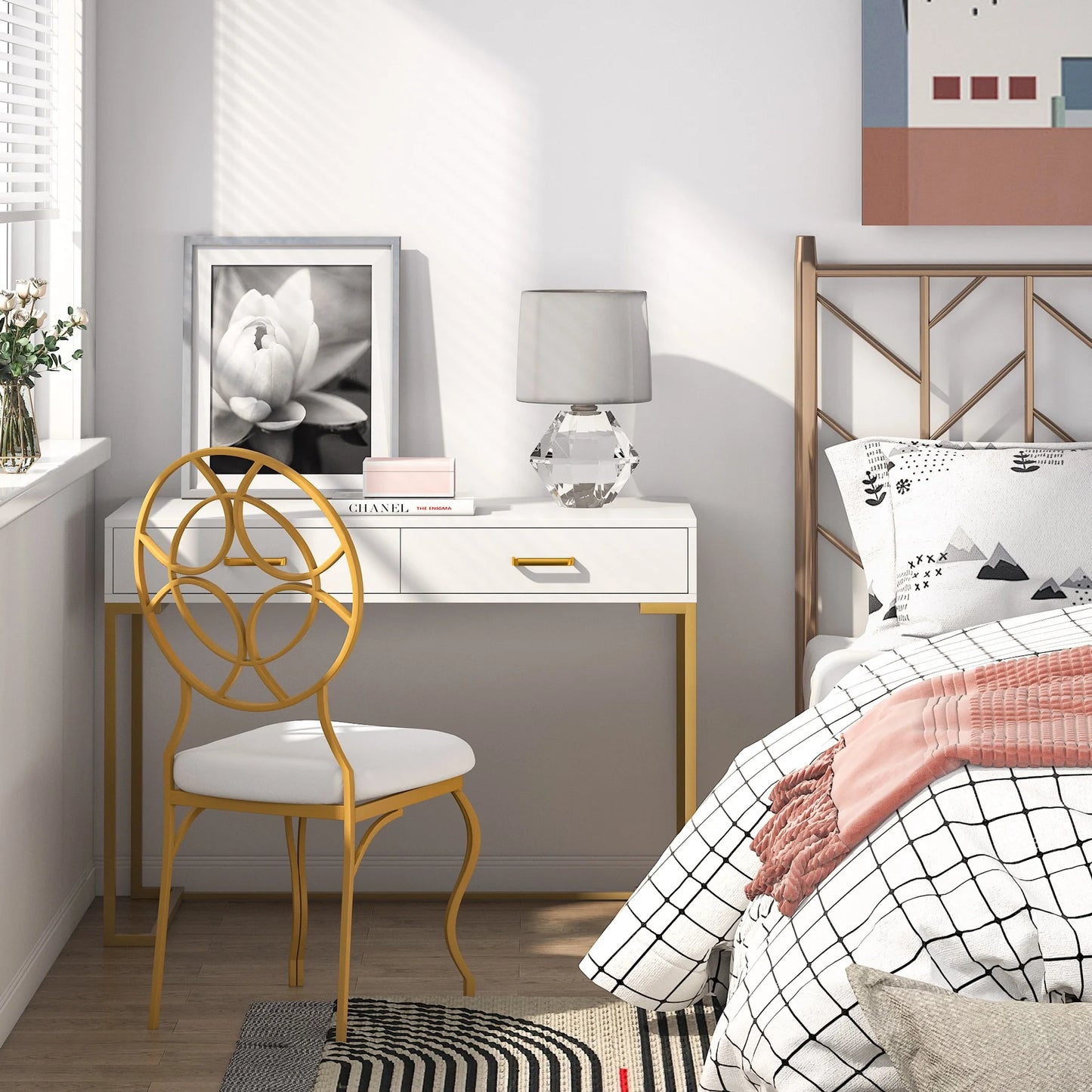Tribesigns Modern 40" Makeup Dresser or Home Office Computer Laptop Writing Desk with Two Storage Drawers, White Top and Gold Metal Frame