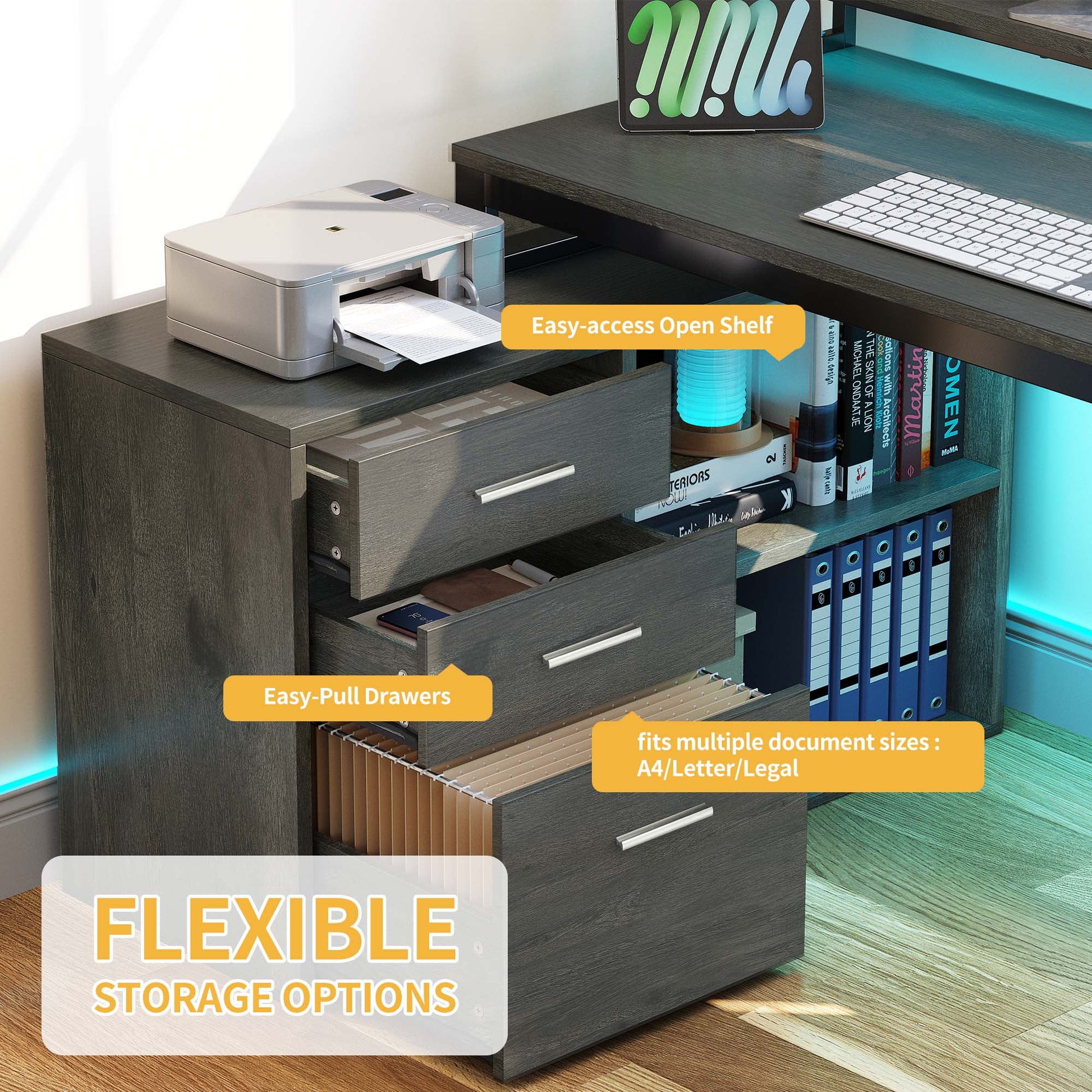 DWVO 55" L Shaped Desk with Power Outlets and Monitor Stand , Computer Desk with LED Light &File Cabinet, Corner Desk with 3 Drawers, White Modern Home Office Desk, Gray