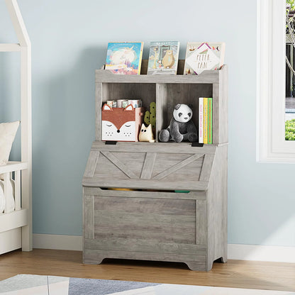 Kids Bookshelf and Toy Storage Organizer, Large Wooden Toy Box Chest with Flip-top Lid and Cubby, 3-Tire Children's Bookcase with Toy Storage Cabinet for Playroom Bedroom Nursery Kindergarten Hallway