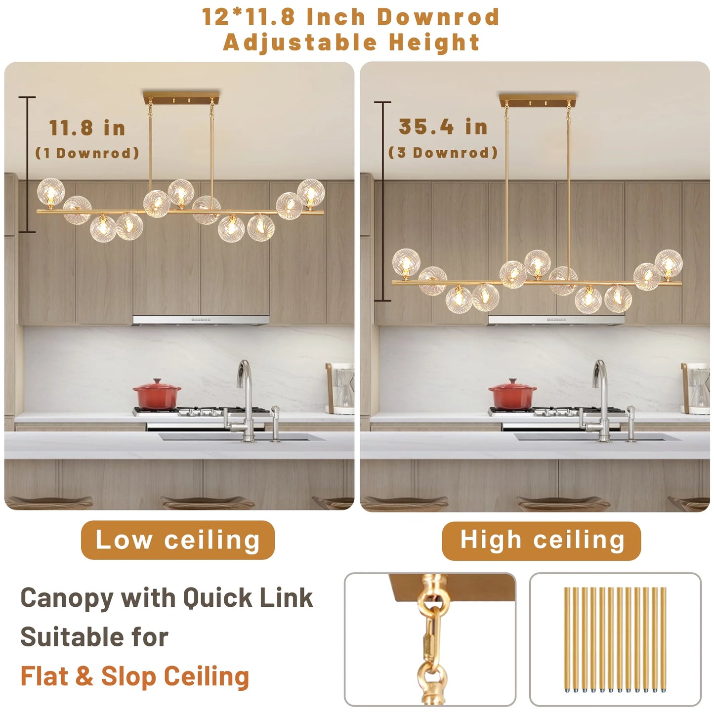 Lzawvm Dining Room Light Fixture with Swirled Glass Globe Linear Chandelier for Dining Room 11-Lights Pendant Lights Kitchen Island for Living Room Sputnik Gold 51inch