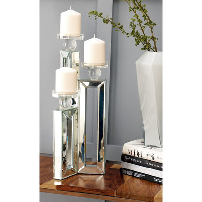 Studio 350 Silver Glass Pillar 3 Plate Candelabra with Mirrored Accents