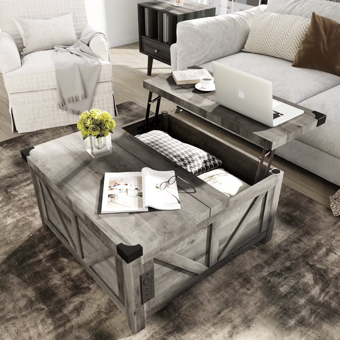 ChVans 35.6" Square Lift Top Coffee Table, Farmhouse Coffee Table with Storage & Charging Ports, Wood Center Table w/Large Hidden Space for Living Room Home Office